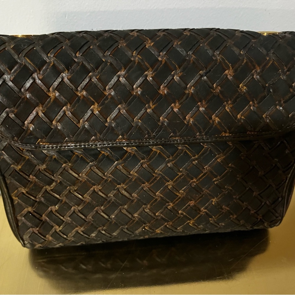 Bally Vintage Woven Leather Clutch Black Gold Turn Lock Italy - Picture 13 of 16